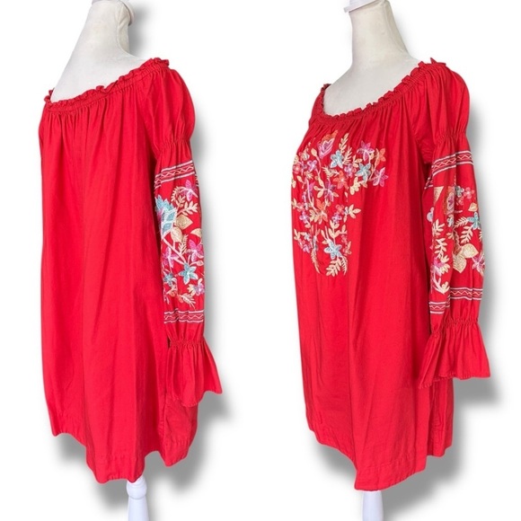 Free People Fleur Du Jour Floral Embroidered Red Off-Shoulder Mini Dress - Picture 7 of 16